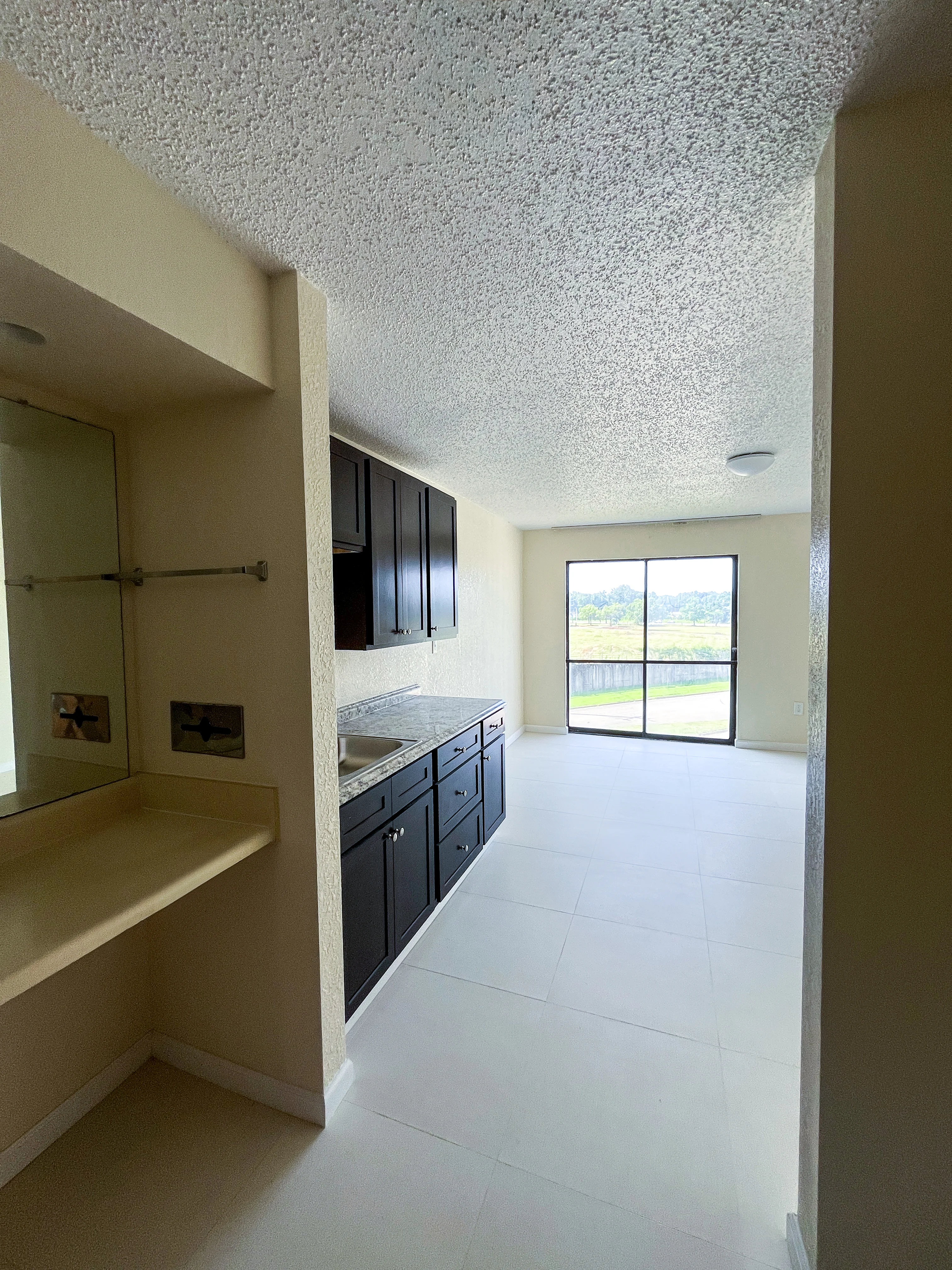 Apartment kitchenette and bright living area